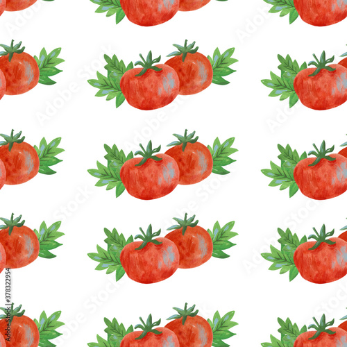 Watercolor pattern of tomatoes and leaves. Hand-drawn illustration isolated on the white background.