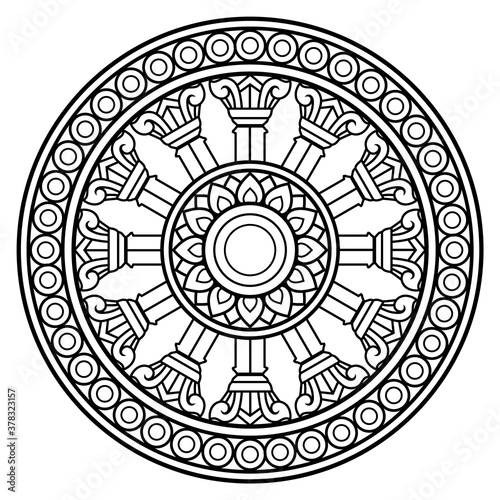 Dharma wheel in Buddhism religion concept. another name is Dhamma Chak or Wheel of Dharma This picture is used as a symbol of the Thai Sangha. Unique in that it has 12 inner grips or bars.