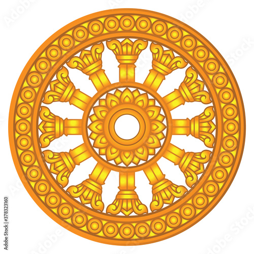 Golden dharma wheel in Buddhism religion concept. another name is Dhamma Chak or Wheel of Dharma This picture is used as a symbol of the Thai Sangha. Unique in that it has 12 inner grips or bars.