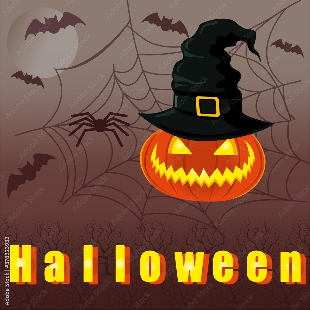 Happy Halloween postcard banner or party invitation background with clouds, bats and pumpkins Full moon in the sky, hat