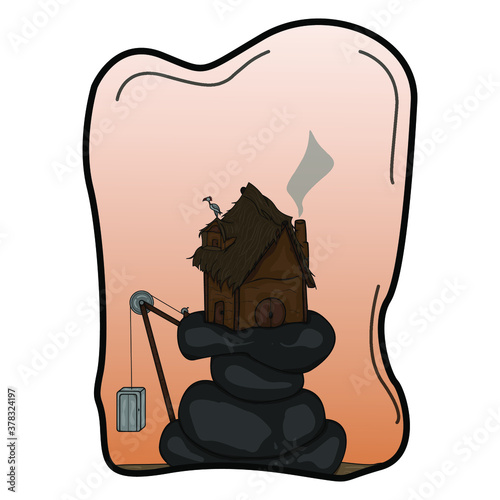 illustration of a house on the rocks for a miniature human residence with an elevator as a means of entering the house