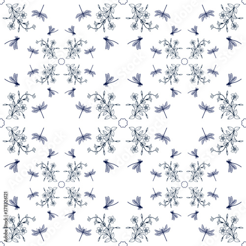 Seamless pattern of dragonflies and periwinkle flowers. Vector stock illustration eps10