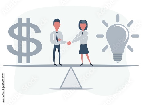 Business partners shaking hands as a symbol of unity. Businessman and businesswoman standing on seesaw. Vector flat design illustration.