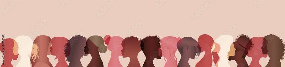 Large different nationalities group of women and girls. Talk and share information Community and social network female diversity. Face silhouette profile. Communication and friendship