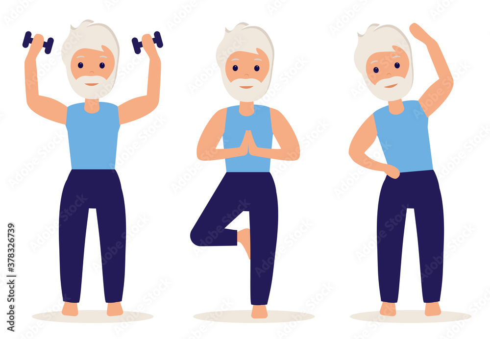 Senior man goes in for sports. Set of vector illustrations in flat style. An elderly man lifts a pair of dumbbells and practices yoga. The old man leads an active lifestyle.