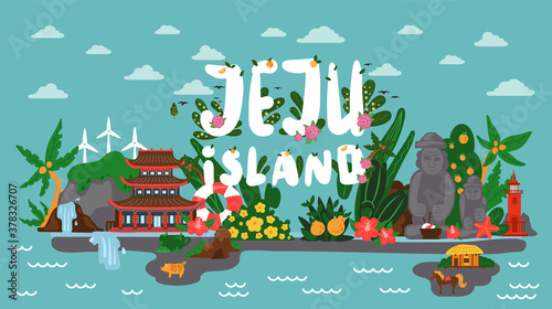 Panorama of picturesque korean island Jeju. Banner with image of the main attractions of the island. Tourist lions waterfalls, stone figures in Stone park, red lighthouse, temple and mountain hallasan