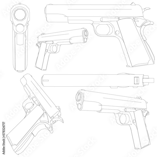 Set with a contour of a 1911 Colt pistol. Contour of a pistol in different positions isolated on a white background. 3D. Vector illustration