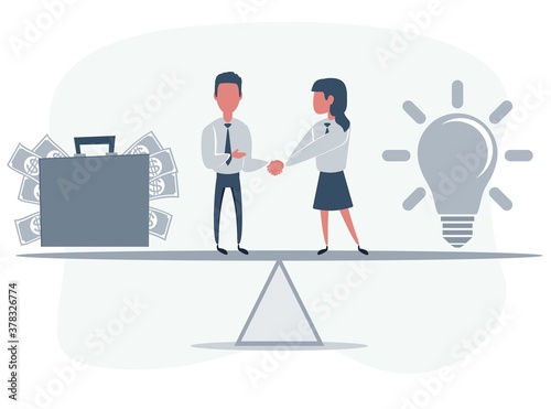 Business partners shaking hands as a symbol of unity. Businessman and businesswoman standing on seesaw. Vector flat design illustration.