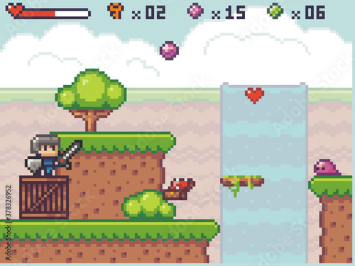 Pixel art style, character in game arcade play. Man with sharp sword and shield fighting against monster aliens, retro gaming mode. Game scene with dirt platforms with grass and plants, waterfall