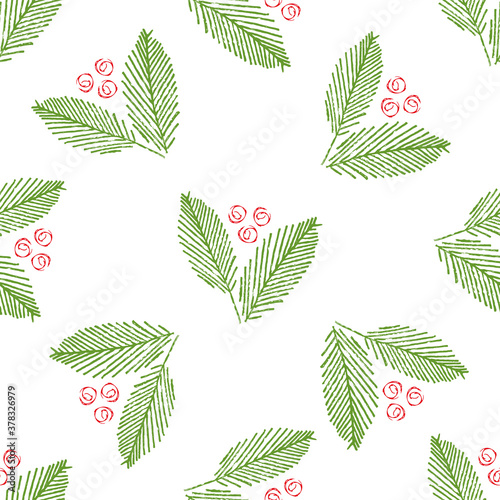 Mono print style abstract leaves and berries seamless vector pattern background. Scattered green painterly foliage and red fruit circle shapes on white backdrop. Hand drawn design for festive concept