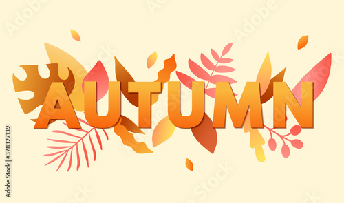 Autumn banner decorated with decorative bright leaves, web banner design, flyers, card, poster, postcard. Vector illustration template, typography.