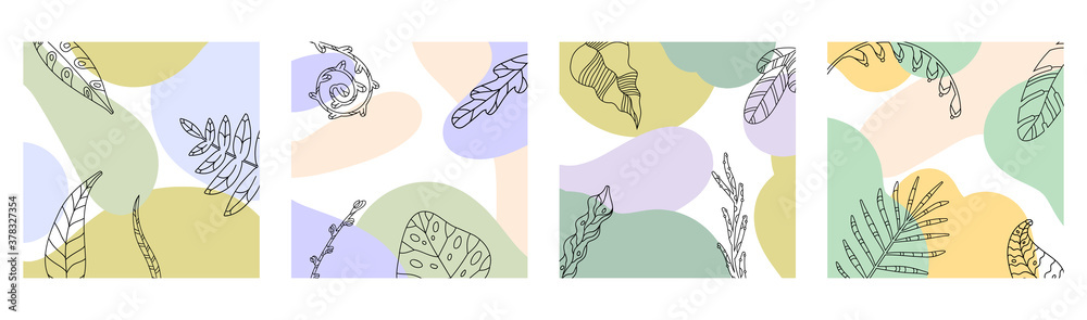 A set of abstract backgrounds with hand-drawn floral elements and leaves.Modern and trendy vector illustrations.templates for social media, banners, posters, and covers. isolated on a white background