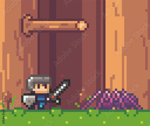 Pixel art style, character in game arcade play vector illustration. Man with sharp sword fighting against spider monster, retro gaming mode. Hero bravely fights with a big insect monster in a forest