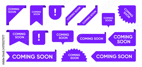 Coming soon flat promo banners set. Bright grand sale and new arrival corners, stickers and tag labels on white background vector illustration collection. Ribbon signs and buttons concept