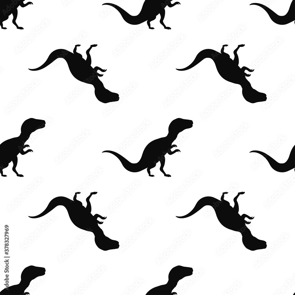 Obraz premium Black tyrannosaurus, graphical dinosaur icon isolated seamless pattern on white background. Vector