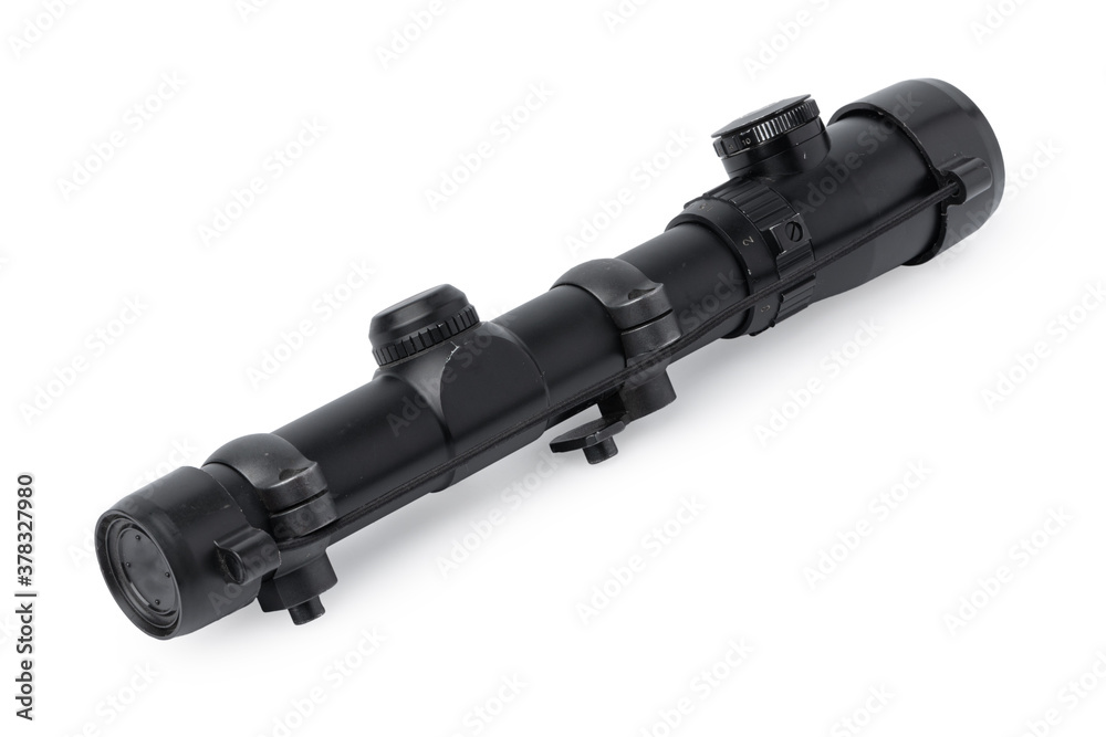 Black optical scope for weapon isolated on white