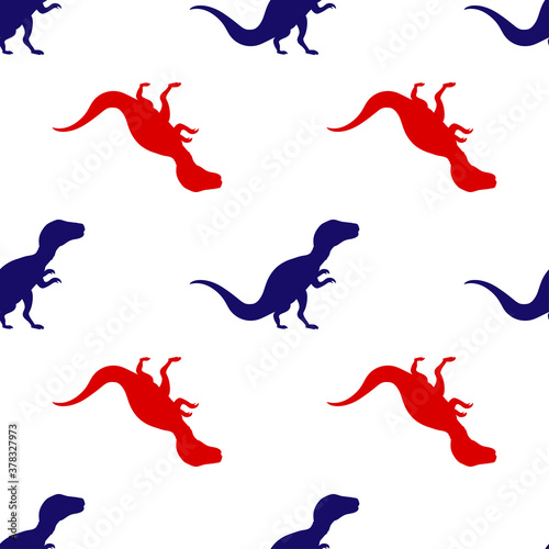 Blue and red tyrannosaurus, dinosaur icon seamless pattern. Vector