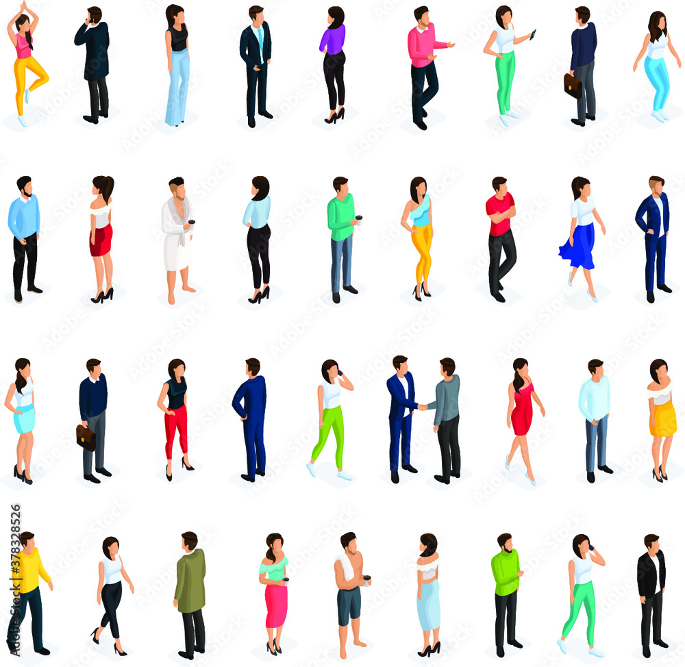 Isometric set of women and men in modern clothing. Elegant and fashionable people 3d. Men in business clothes, women in a dress, skirt, trousers.Vector illustration