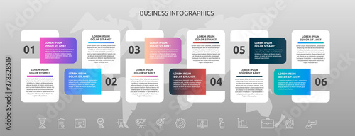 Infographics rectangle with six steps, icons. Vector template used for diagram, business, web, banner, workflow layout, presentations, info graph, timeline, content, levels, chart, processes diagram