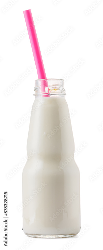 Glass cup of milk with a straw isolated on white
