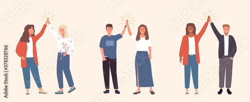 Diverse group of cheerful friends and colleagues doing high fives to celebrate their success, colored flat vector illustration