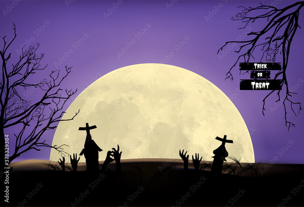 halloween background, illustration vector tombstone under moon light.
