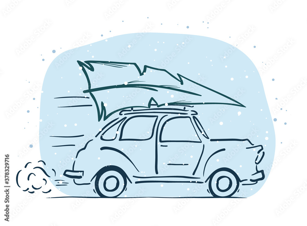Vector Hand-drawing moving retro car with Christmas tree on the roof. Sketch line design