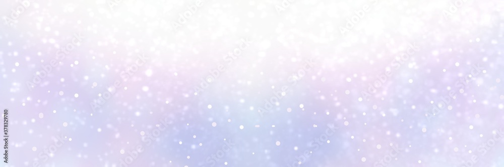 Snow falling on light lilac blue blur background. Pastel empty banner for winter holidays design.