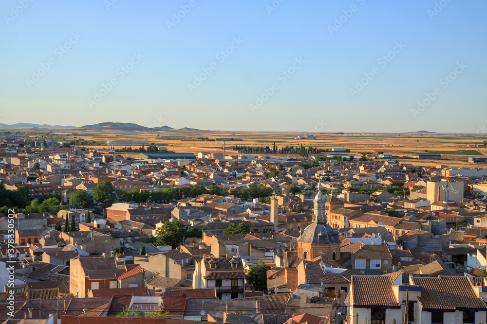 Village of Consuegra on the Spanish meseta, seen from a hilltop