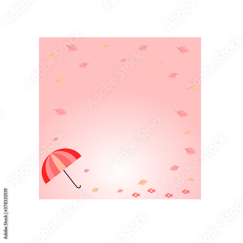 Pink, yellow heart-shaped leaves and pink umbrellas are placed on a light pink background.