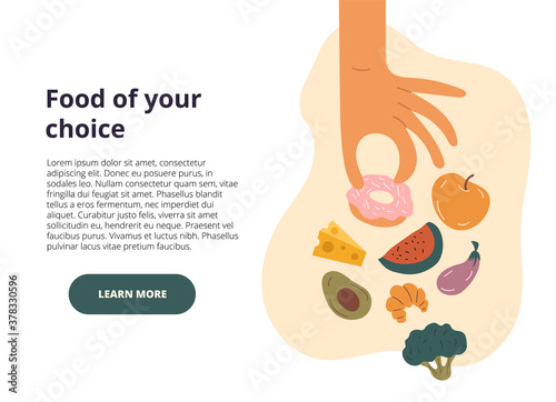 Food Of Your Choice web page template with hand reaching down to assorted fresh fruit and vegetables making a selection and copyspace, colored vector illustration