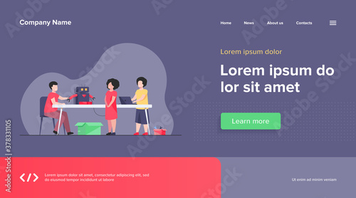Children presenting cyborg at robotics class. Children showing robot to teacher. Vector illustration for education, robotic technology, school project concept