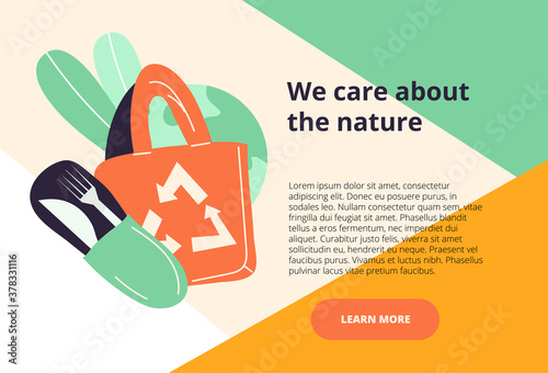 We Care About Nature green eco web page template with organic and recyclable goods and copyspace for text, colored vector illustration