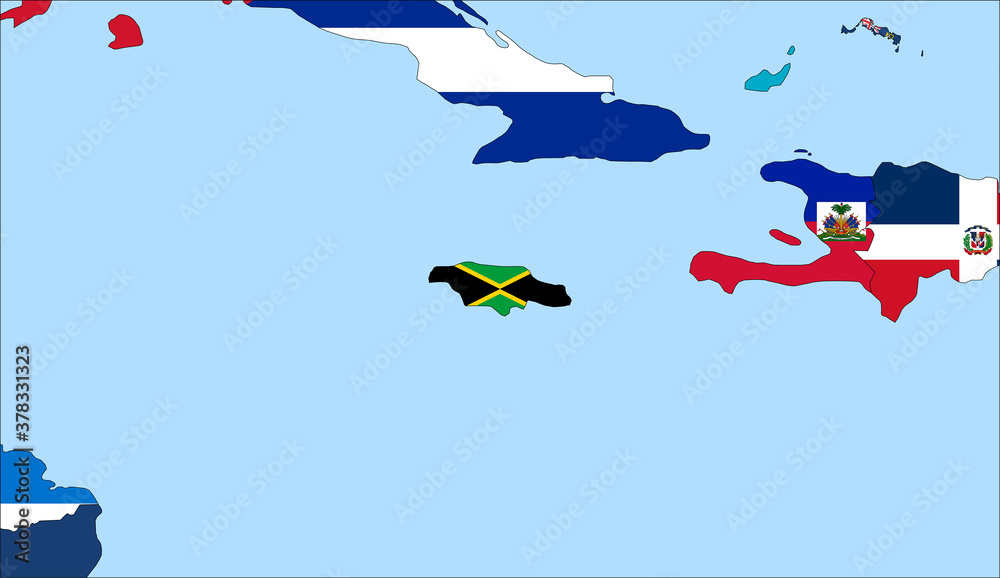 Center the map of Jamaica. Vector maps showing Jamaica and neighboring countries. Flags are indicated on the country maps, the most recent detailed drawing.