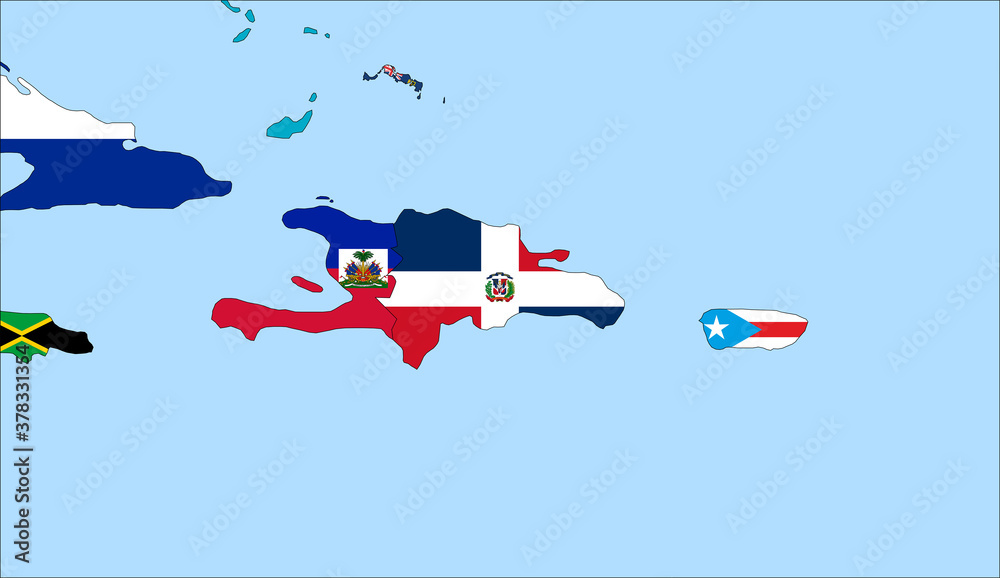 Center the map of  Dominican Republic. Vector maps showing  Dominican Republic and neighboring countries. Flags are indicated on the country maps, the most recent detailed drawing.