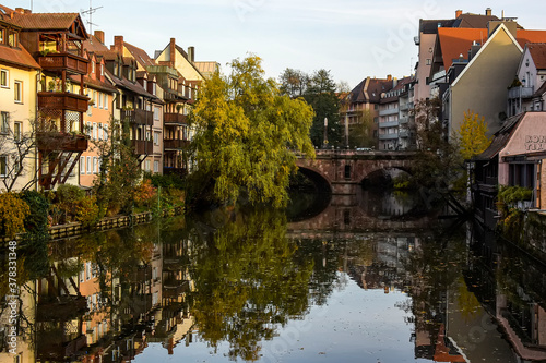 A colourful view of the old houses on the banks of the Pegnitz river in Nuremberg, Bavaria, Germany. October 2014 photo