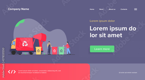 Garbage collector cleaning waste bin flat vector illustration. Cartoon man putting rubbish for recycling. Service and disposal industry concept.