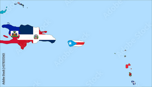 Center the map of Puerto Rico. Vector maps showing Puerto Rico and neighboring countries. Flags are indicated on the country maps, the most recent detailed drawing.
