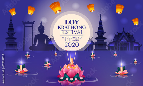 Colorful Loy Krathong, or the Festival of Lights in honour of the Water Goddess, poster design for 2020 with floating lotus candles and paper lanterns over silhouetted landmarks, vector illustration