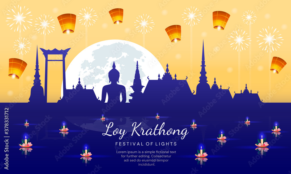 Festival of Lights or Loy Krathong poster design with paper lanterns above a silhouetted city and floating lotus candles surrounding text, colored vector illustration
