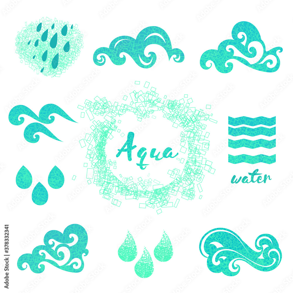 Aqua vector set, waves, rain drops, element design, sign symbol or logo, natural water. Wave background.