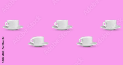 many white empty coffe cups animated on pink background side view
