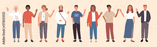 Male, female, caucasian, african people. Large diverse group of representatives of different nations standing waving hands in a panorama banner, colored vector illustration