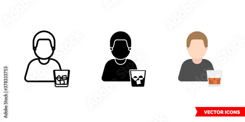 Alcoholic dipsomaniac icon of 3 types color, black and white, outline. Isolated vector sign symbol.