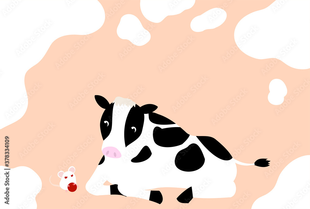 ホルスタイン牛とネズミの年賀状イラスト2021 ホルスタイン牛とネズミの年賀状イラスト2021