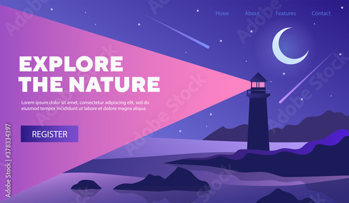 Explore Nature poster web page template with lighthouse at night with crescent moon in a starry sky ad bright shining beam, colored vector illustration photo