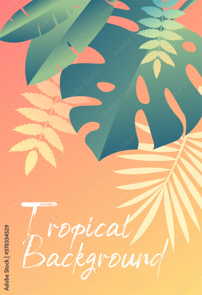 Fototapeta premium Hot tropical background with assorted green and yellow leaves and text, colored vector illustration