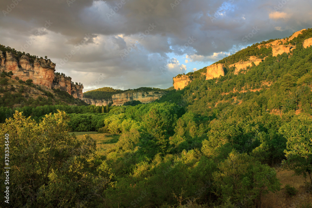 Cliffs of Serrania de Cuenca natural park, near the lake of Uña, in the province of Cuenca, Spain; in summer a green oasis in Central Spain