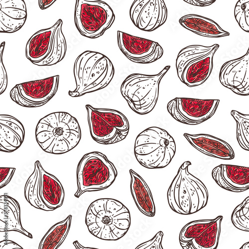 Figs hand drawn vector seamless pattern. Ripe delicious exotic fruits creative backdrop. Asian whole, sliced and chopped fig outline background. Fruits sketches for wrapping paper, wallpaper