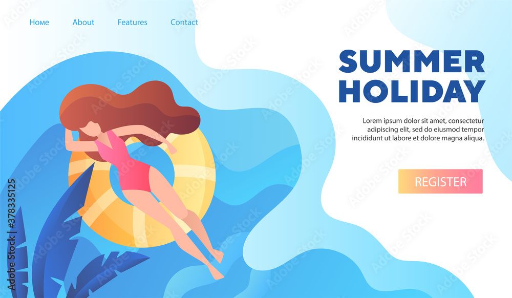 Summer Holiday travel web template with woman floating on a ring in a swimming pool at a resort or the sea and tropical palm fronds, colored vector illustration